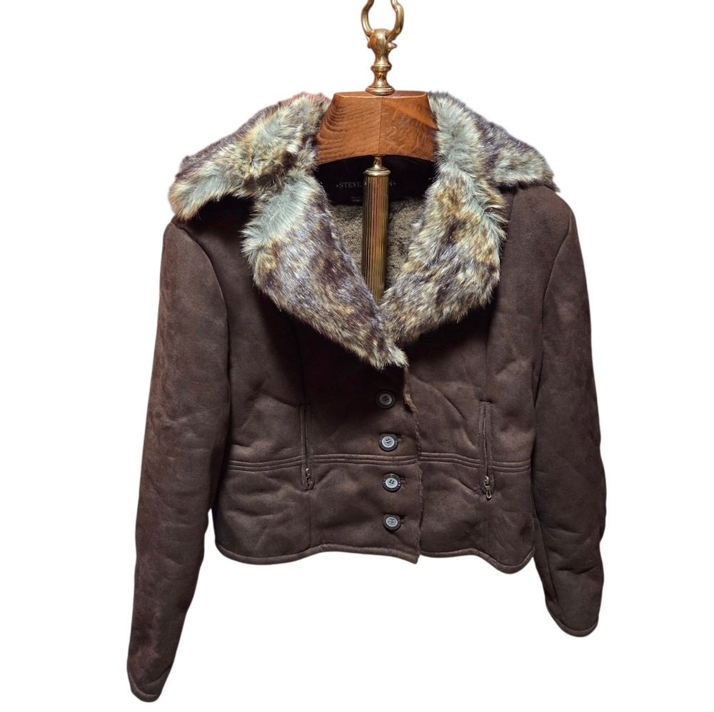 Steve Madden Faux Brown Suede Faux Fur Collar Jacket Size Large